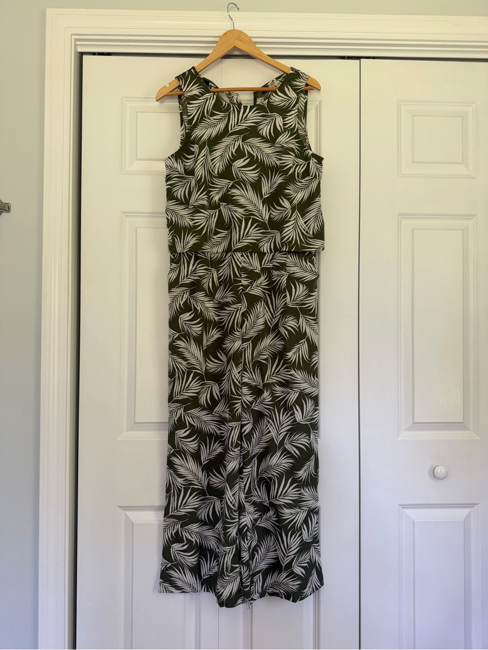 Lands End Olive Green Palm-Print Jumpsuit